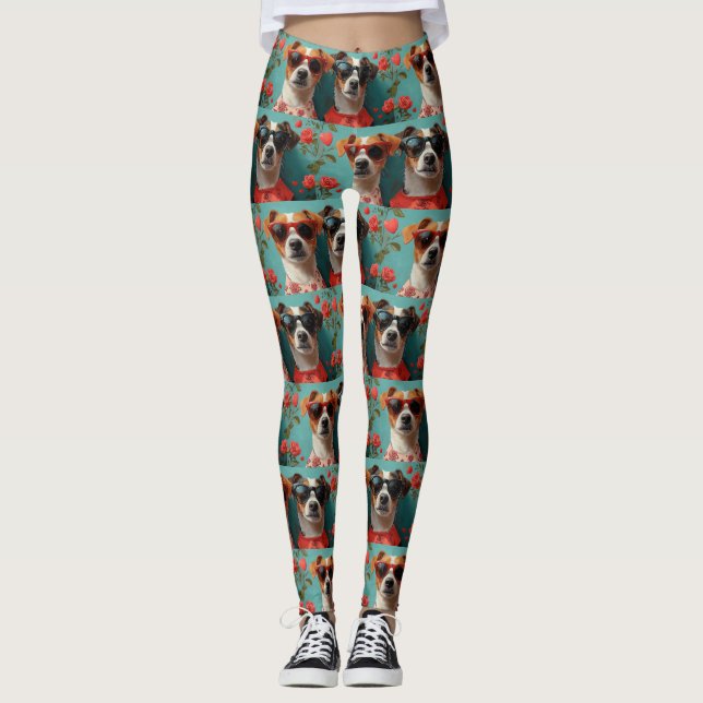 Leggings Jack Russell avec des roses pour la Saint-Valentin (Devant)