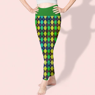 Leggings Jacquard Bleu Vert Jaune Motif Élégant Joli