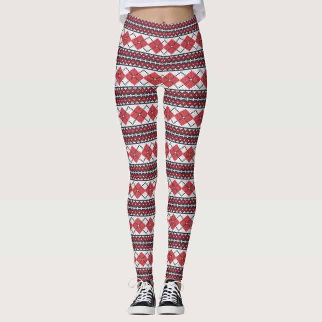 Leggings Jacquard de l'île nordique rouge et blanc (Devant)