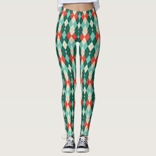 Leggings Jacquard de Noël rouge et Turquoise rétro géométri