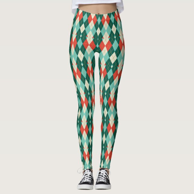 Leggings Jacquard de Noël rouge et Turquoise rétro géométri (Devant)
