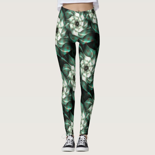 Leggings Jade foncé Vert et blanc Fleur fractale Abstraite (Devant)