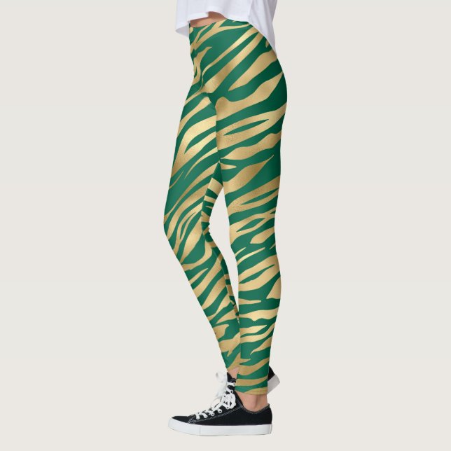 Leggings Jambe vert d'émeraude et zèbre d'or/jambe de tigre (Gauche)