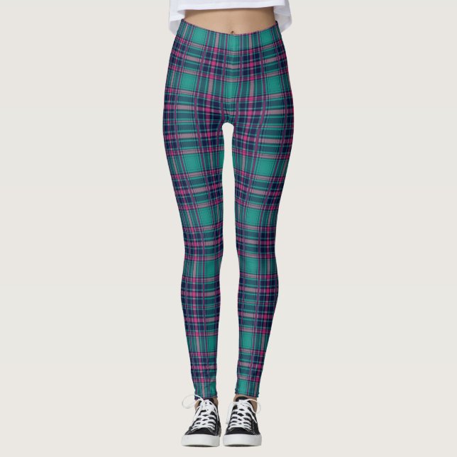 Leggings Jambes de femmes à plaid Aqua/Rose (Devant)
