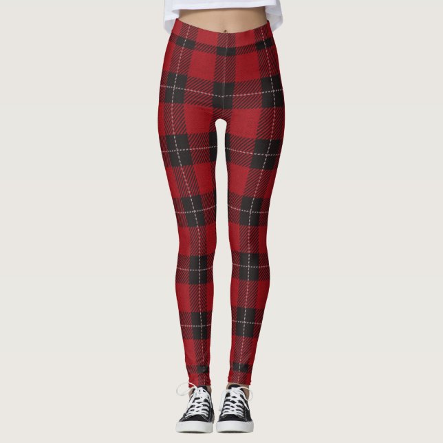 Leggings Jambes de femmes à plaid noir rouge (Devant)