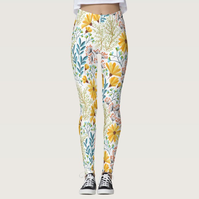 Leggings Jambes de fleurs de printemps jaunes, Turquoises e (Devant)