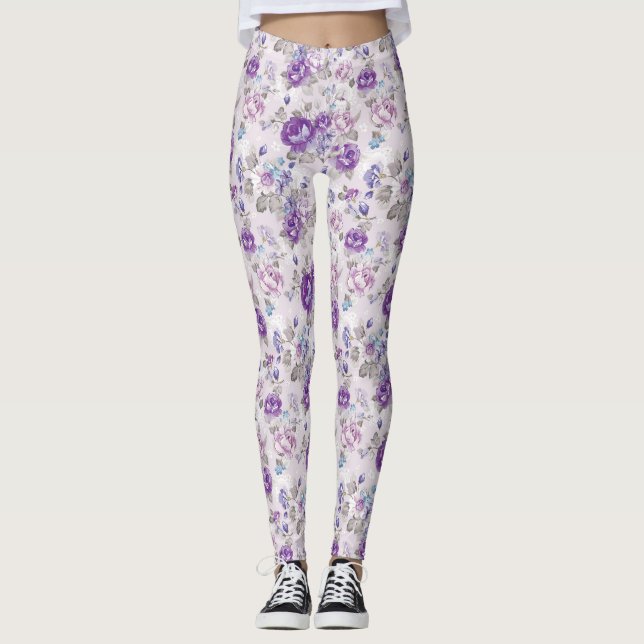 Leggings Jambes florales violettes Roses (Devant)