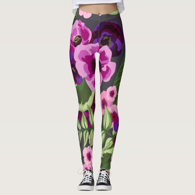 Leggings Jambes florales violettes, roses, vertes (Devant)