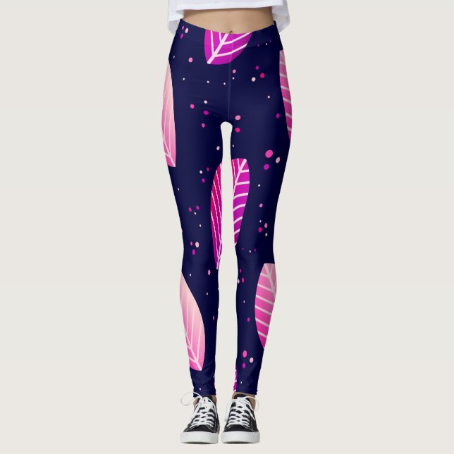 Leggings Jambes violettes feuilles bleu foncé. (Devant)