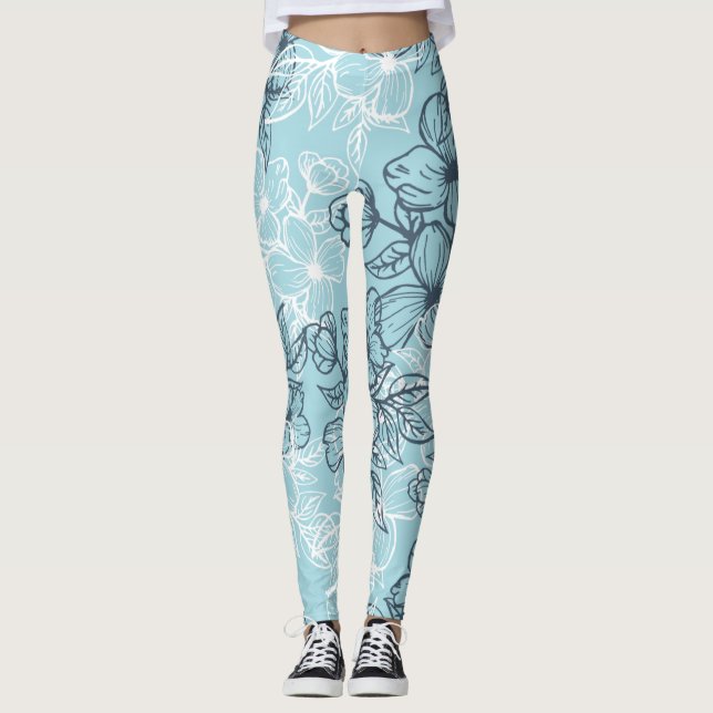 Leggings jambières bleues à ornement floral noir et blanc (Devant)