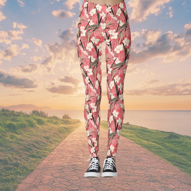 Leggings Japanese Floral Blossoms in White on Pink Burgundy (Créateur téléchargé)
