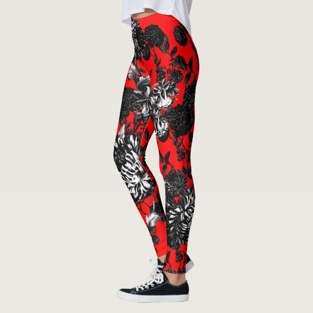 Leggings Jardin d'agrément floral rouge blanc noir de Toile (Gauche)