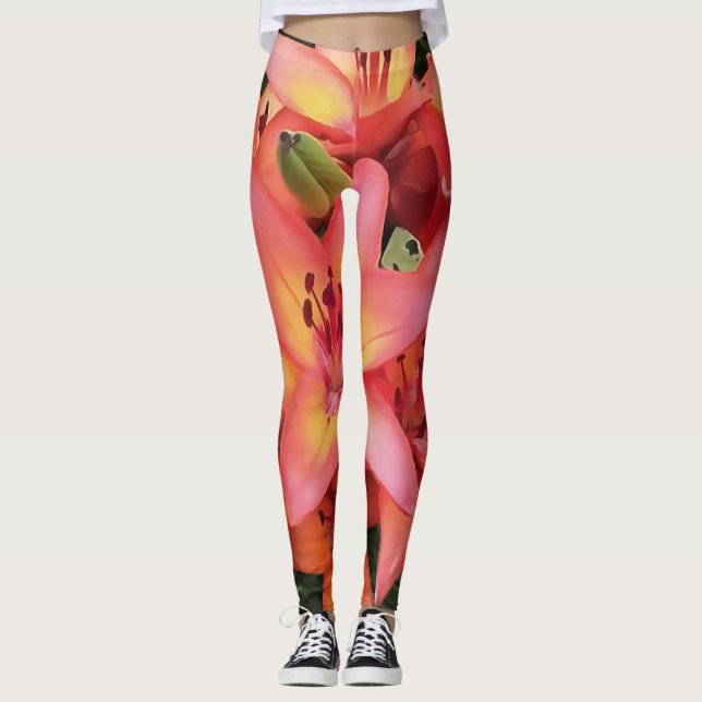 Leggings Jardin de couleur corail artistique Lys (Devant)