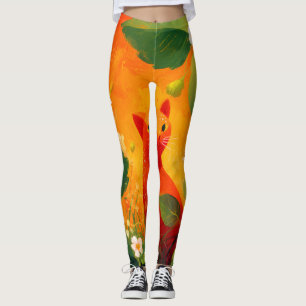 Leggings Jardin de fleurs sauvages au chat rouge fantaisist