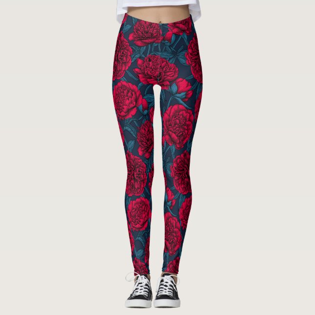 Leggings Jardin de pivoine rouge sur bleu foncé (Devant)