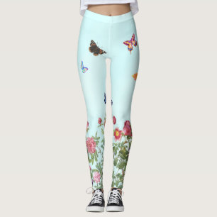 Leggings Jardin rose avec papillons sur Arrière - plan bleu