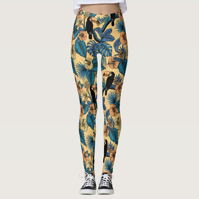 Leggings Jardin toucan en jaune et bleu (Devant)