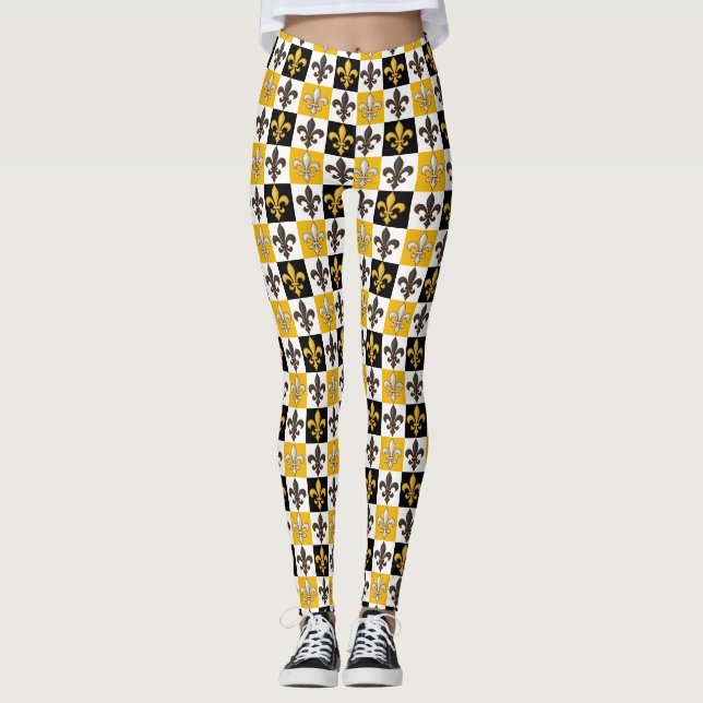Leggings Jaune Blanc À damiers Fleur de lis Design (Devant)