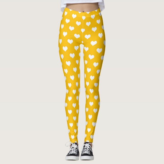 Leggings Jaune Blanc Amour Coeur Design Motif (Devant)