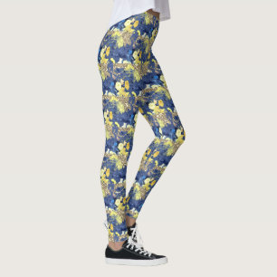 Leggings Jaune Bleu Floral Parties scintillant or Vintage F