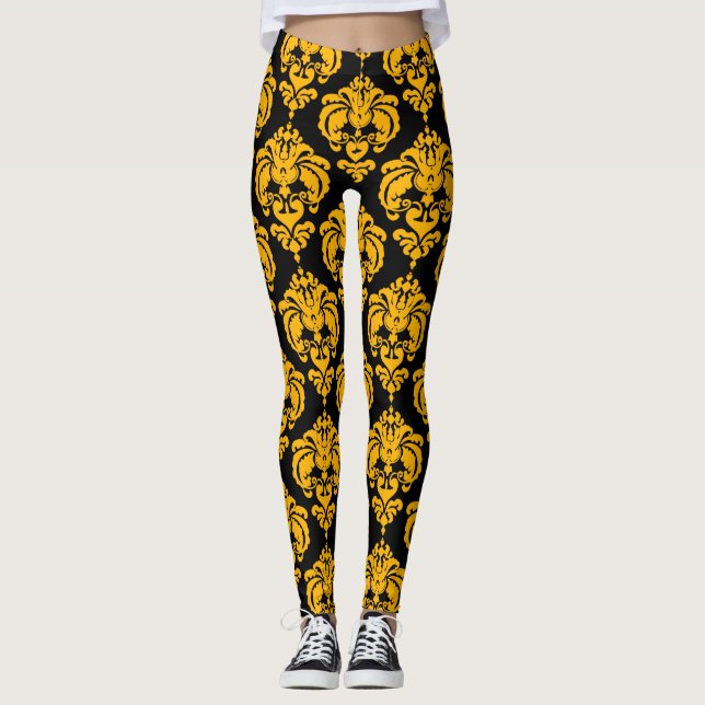 Leggings Jaune et Noir Damas Chic Moderne Motif élégant (Devant)