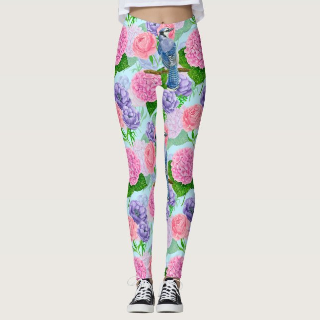 Leggings Jay bleu et fleurs motif aquarelle (Devant)