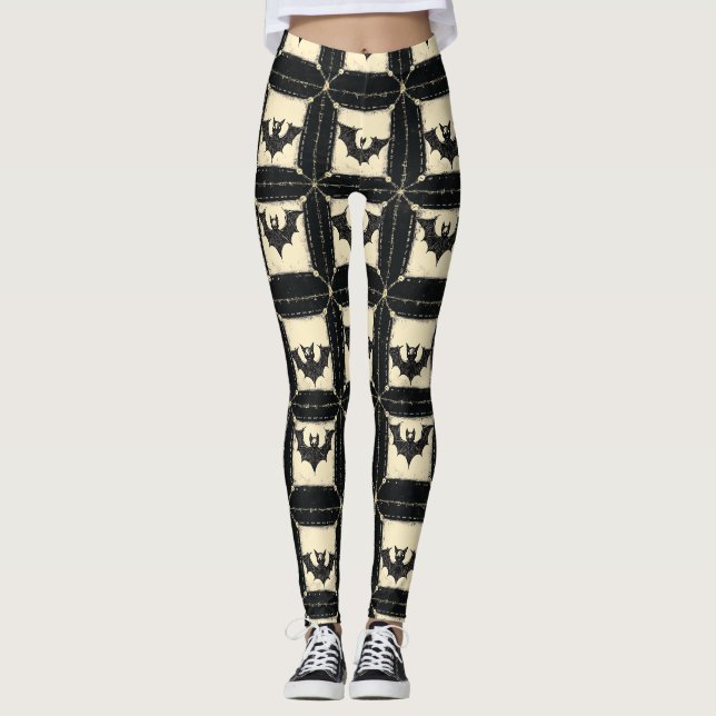 Leggings Jean Grunge Halloween Patchwork avec Chauves-souri (Devant)
