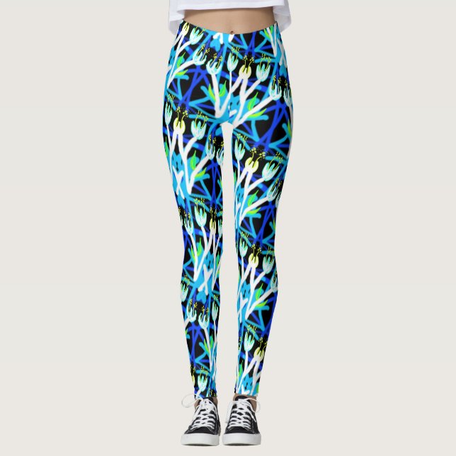 Leggings Jimette Design fleurs bleues et blanches (Devant)