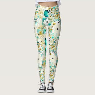 Leggings Joli Art folklorique Fleurs blanches et turquoise