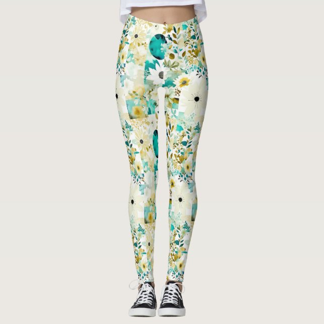 Leggings Joli Art folklorique Fleurs blanches et turquoise (Devant)