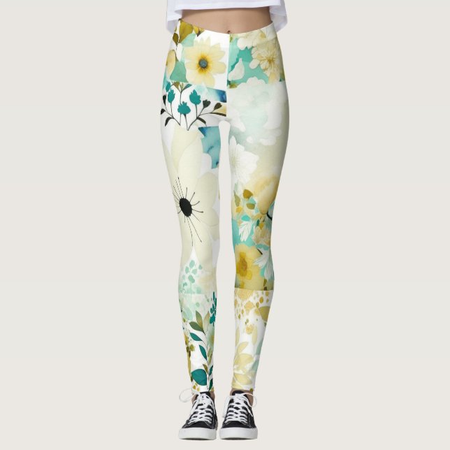 Leggings Joli Art folklorique Fleurs blanches et turquoise (Devant)