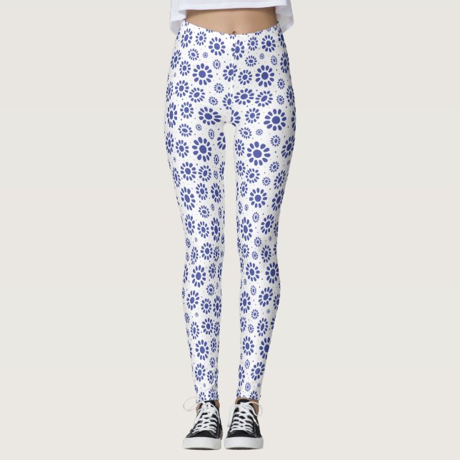 Leggings Joli bleu et blanc Abstrait Motif marguerite (Devant)