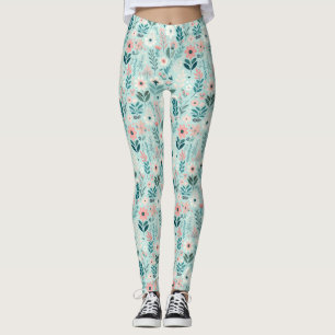 Leggings Joli bleu et rose pastel Fleurs d'Art folklorique