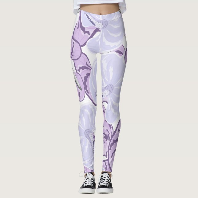 Leggings Joli jardin fleuri blanc et violet moderne (Devant)