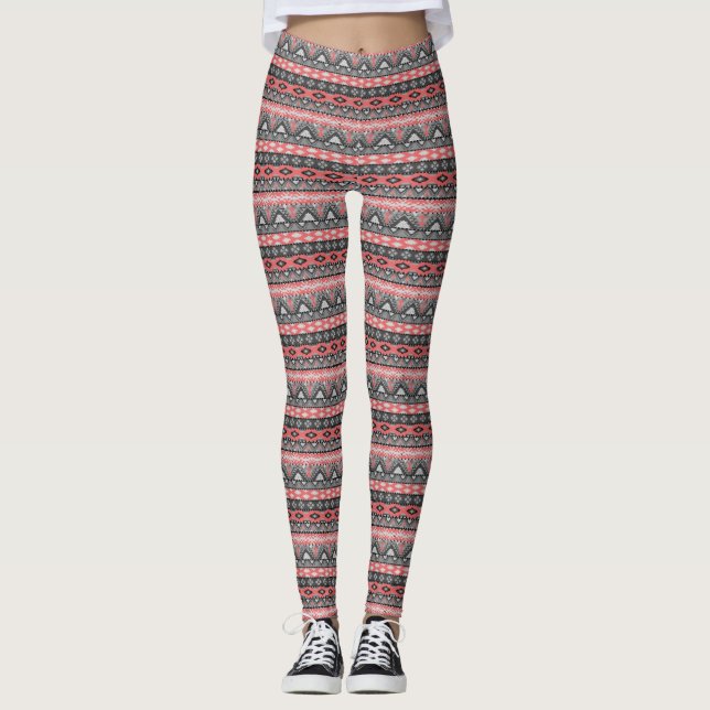 Leggings Joli motif aztèque gris rouge (Devant)