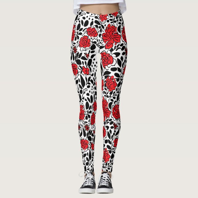 Leggings Joli motif floral en rouge, noir et blanc (Devant)