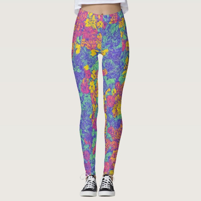 Leggings Joli Motif Floral LuLaRoe rose jaune violet (Devant)