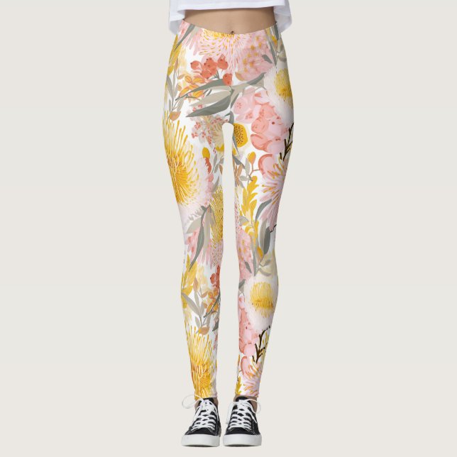 Leggings Joli motif floral rose et jaune (Devant)