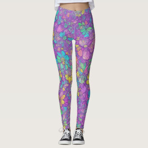Leggings Joli motif floral violet bohème hippie de couleur