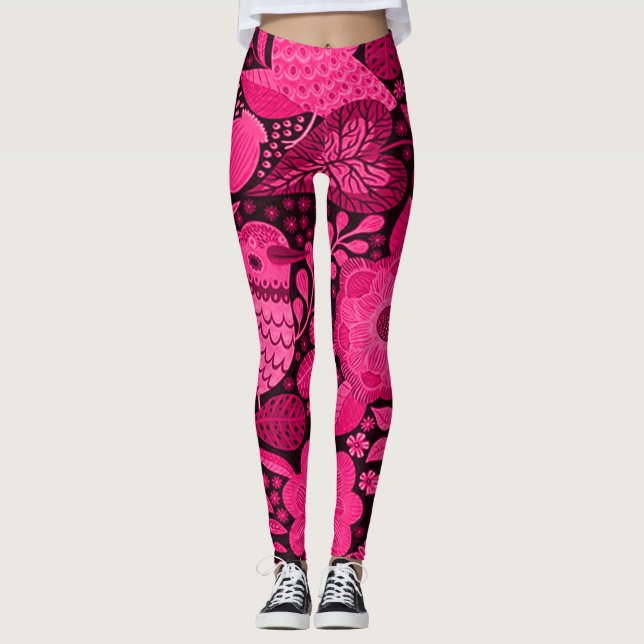 Leggings Joli Oiseaux Roses Et Fleurs Motif (Devant)