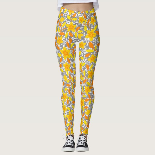 Leggings Joli orange jaune fleurs blanches motif (Devant)