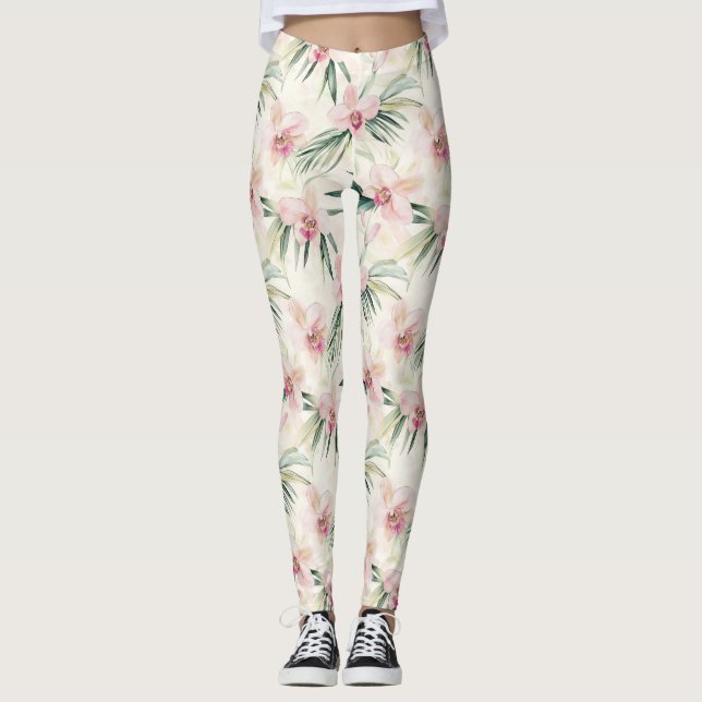 Leggings Joli rose Fleurs d'orchidées tropicales (Devant)