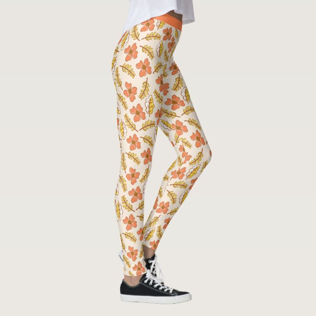 Leggings Joli Saumon de Corail Fleurs de Foliage Floral Yog (Droite)