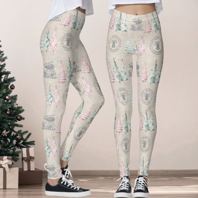 Leggings Joli Vintage Burlap Timbre Noël Arbre Motif (Créateur téléchargé)