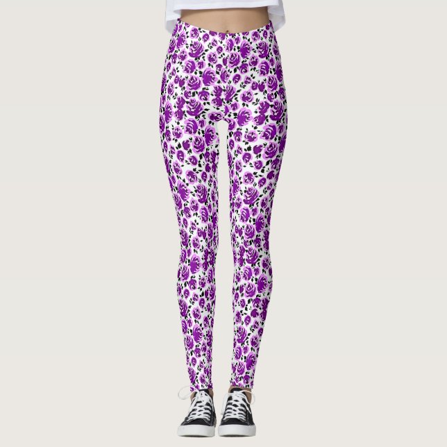 Leggings Joli violet blanc rose motif (Devant)