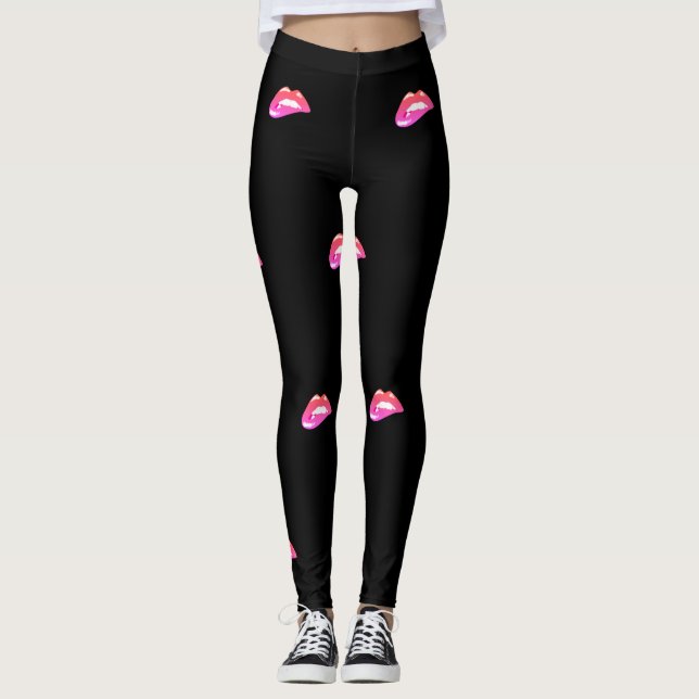 Leggings Jolie Fille, Lèvres Roses, Noire (Devant)