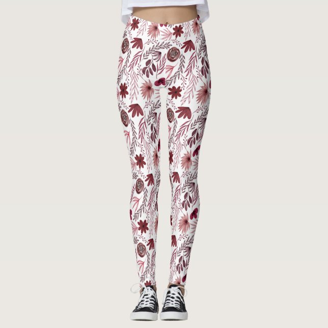 Leggings Jolie Fleurs Rouges Aquarelle Florale Imprimer (Devant)