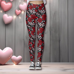 Leggings Jolie, Rouge, Roses noires et blanches, Coeurs