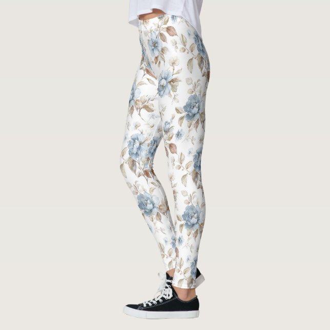 Leggings Jolies Fleurs Bleues Crème Beige Marron (Gauche)
