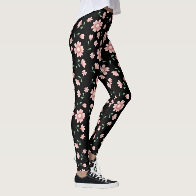 Leggings Jolies Fleurs Roses Sur Noir (Droite)
